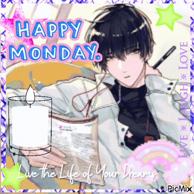 A Happy Monday Greeting Card With A Man Holding A Candle And A Newspaper GIF