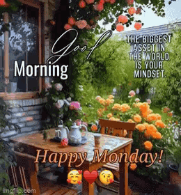 A Happy Monday Greeting Card With A Table And Chairs In A Garden . GIF