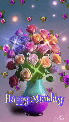 A Happy Monday Greeting Card With A Vase Of Roses GIF
