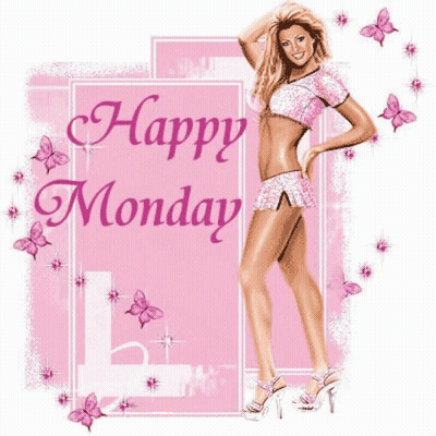 A Happy Monday Greeting Card With A Woman In Pink GIF