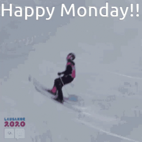 A Happy Monday Greeting With A Picture Of A Person Skiing Down A Snowy Slope GIF