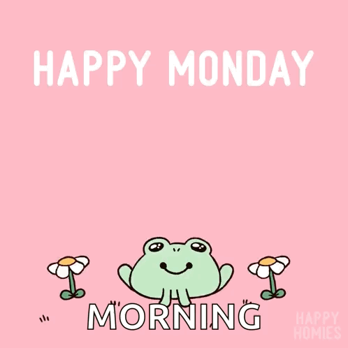 A Happy Monday Morning Greeting Card With A Frog And Two Daisies GIF