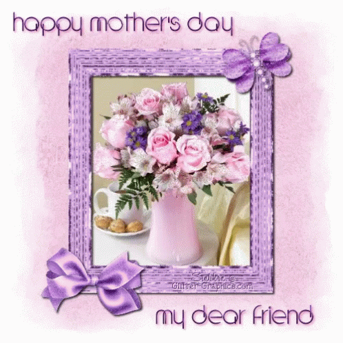 A Happy Mother 'S Day Greeting Card With A Picture Of Flowers In A Pink Vase GIF