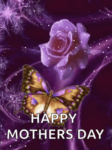 A Happy Mothers Day Card With A Butterfly And Purple Rose GIF