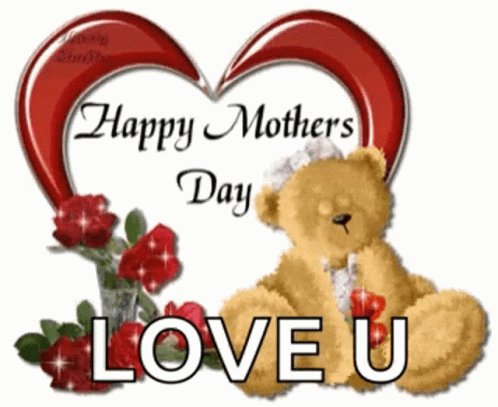 A Happy Mothers Day Card With A Teddy Bear And Red Roses GIF