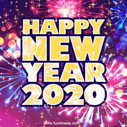A Happy New Year 2020 Greeting Card With Fireworks Behind It GIF