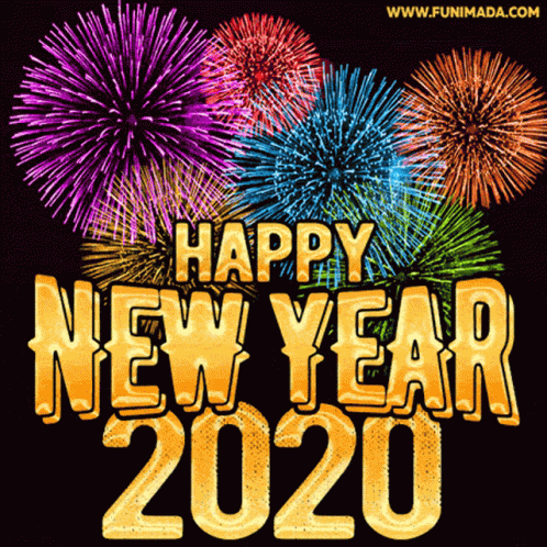 A Happy New Year 2020 Greeting Card With Fireworks Behind It GIF