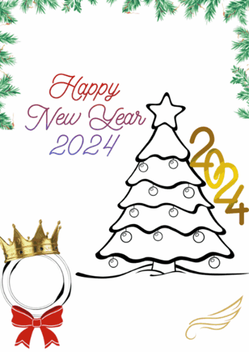 A Happy New Year 2024 Poster With A Christmas Tree And A Crown GIF
