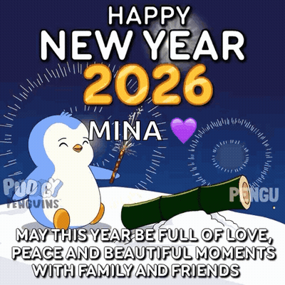 A Happy New Year 2026 Greeting Card With A Penguin Holding A Sparkler GIF