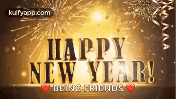 A Happy New Year Being Friends Greeting Card With Fireworks In The Background . GIF