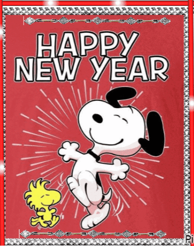 Happy New Year Card With Snoopy And Woodstock Dancing GIF