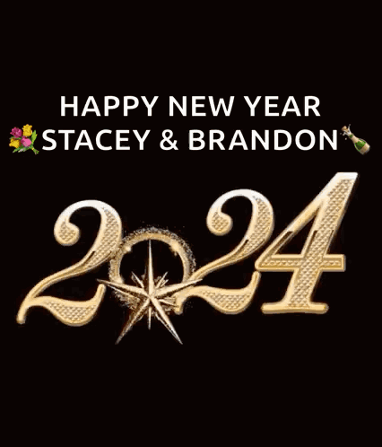 A Happy New Year Greeting Card For Stacey And Brandon With Fireworks In The Background GIF