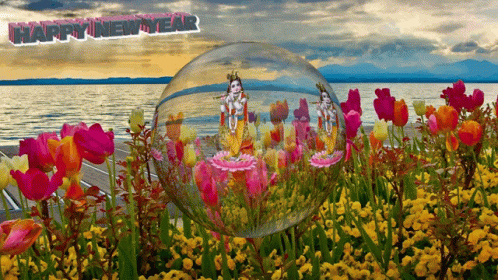 A Happy New Year Greeting Card With A Bubble Of Flowers In The Foreground GIF