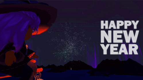 A Happy New Year Greeting Card With A Cartoon Character Looking At Fireworks GIF
