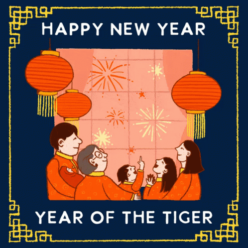A Happy New Year Greeting Card With A Family Looking Up At Fireworks GIF