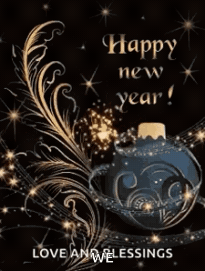 A Happy New Year Greeting Card With A Feather And A Fireworks Display GIF