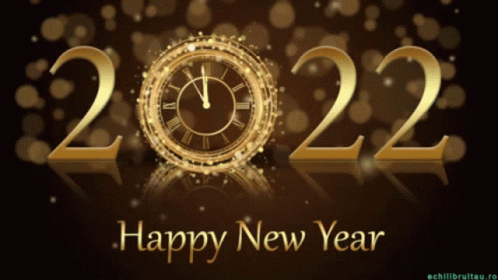 A Happy New Year Greeting Card With A Gold Clock In The Background GIF