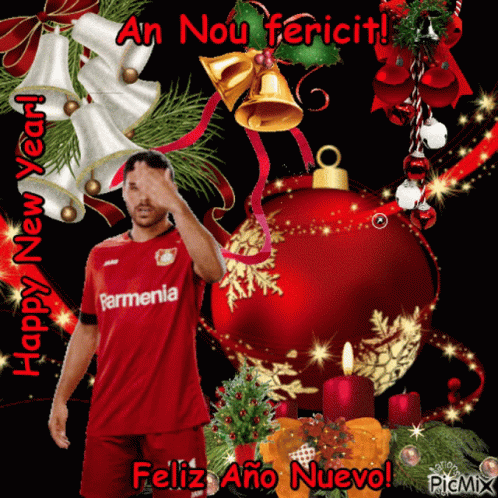 A Happy New Year Greeting Card With A Man Wearing A Red Farmania Jersey GIF