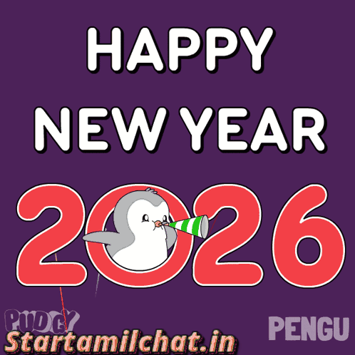 A Happy New Year Greeting Card With A Penguin Blowing A Horn GIF