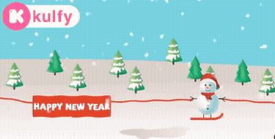 A Happy New Year Greeting Card With A Person Skiing Down A Snowy Hill GIF