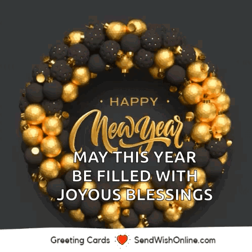 A Happy New Year Greeting Card With A Wreath Of Gold And Black Christmas Balls GIF