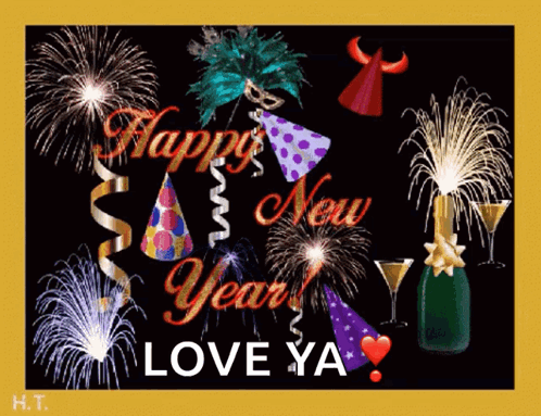 A Happy New Year Greeting Card With Fireworks And A Bottle Of Champagne GIF