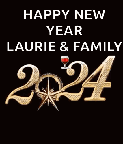 A Happy New Year Greeting Card With Fireworks And A Glass Of Wine GIF