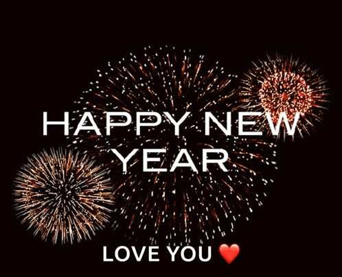 A Happy New Year Greeting Card With Fireworks Behind It GIF