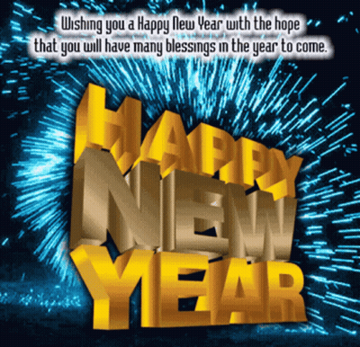 A Happy New Year Greeting Card With Fireworks Behind It GIF