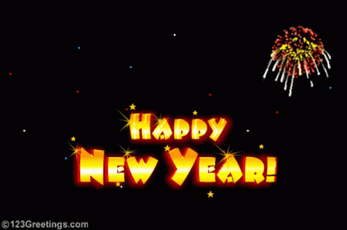 A Happy New Year Greeting Card With Fireworks Behind It GIF