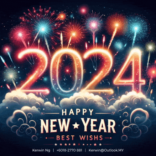 A Happy New Year Greeting Card With Fireworks Behind The Number 2024 GIF