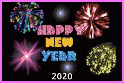 A Happy New Year Greeting Card With Fireworks Exploding In The Background . GIF