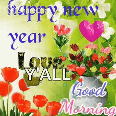 A Happy New Year Greeting Card With Flowers And Hearts GIF