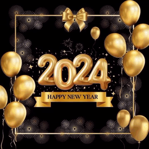 A Happy New Year Greeting Card With Gold Balloons GIF