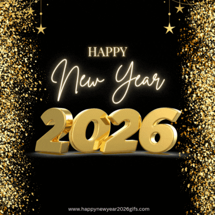 A Happy New Year Greeting Card With Gold Numbers 2026 GIF