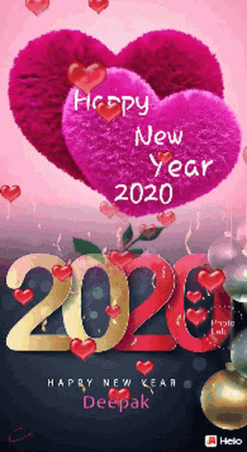 A Happy New Year Greeting Card With Hearts And Numbers 2020 GIF