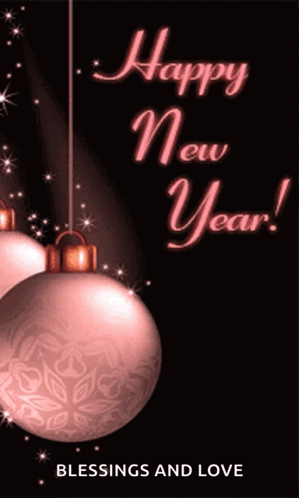 A Happy New Year Greeting Card With Pink Christmas Balls GIF