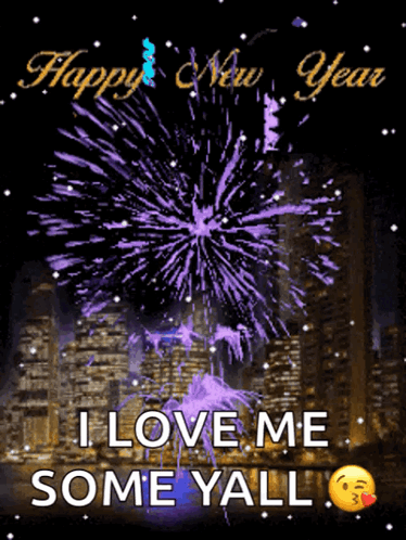 A Happy New Year Greeting Card With Purple Fireworks GIF