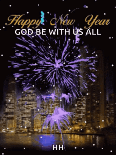 A Happy New Year Greeting Card With Purple Fireworks GIF