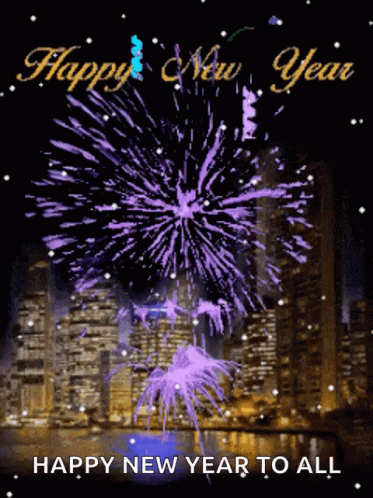 A Happy New Year Greeting Card With Purple Fireworks In The Background GIF