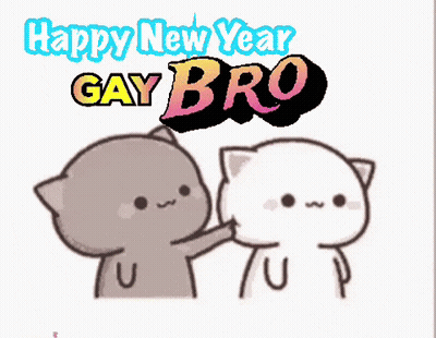 A Happy New Year Greeting Card With Two Cats And The Words Gay Bro GIF