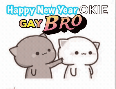 A Happy New Year Greeting Card With Two Cats Standing Next To Each Other On A White Background . GIF