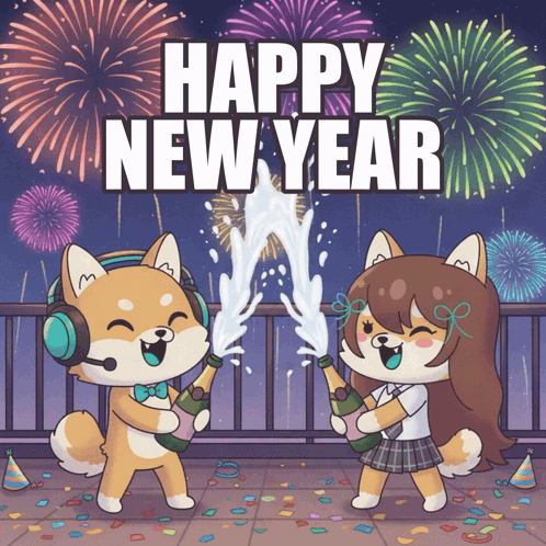 A Happy New Year Greeting Card With Two Shiba Inus GIF