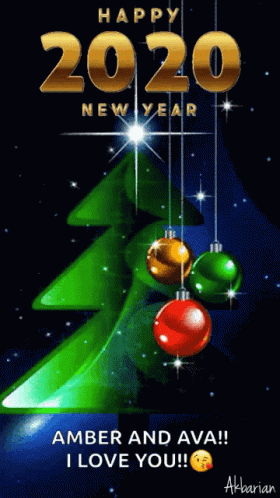 A Happy New Year Greeting With A Christmas Tree And Ornaments GIF