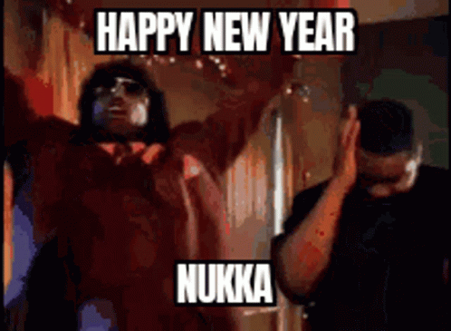 A Happy New Year Greeting With A Picture Of Two Men GIF