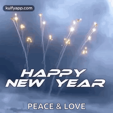A Happy New Year Peace And Love Greeting Card With Fireworks In The Background . GIF