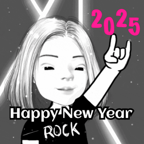 A Happy New Year Rock Greeting Card With A Cartoon Girl GIF