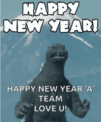 A Happy New Year 'S Greeting Card With A Picture Of A Monster GIF