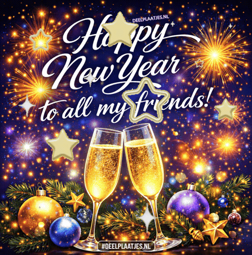 A Happy New Year To All My Friends Card With Two Glasses Of Champagne GIF