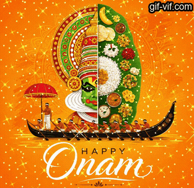 A Happy Onam Greeting Card With A Boat And A Man Holding An Umbrella GIF
